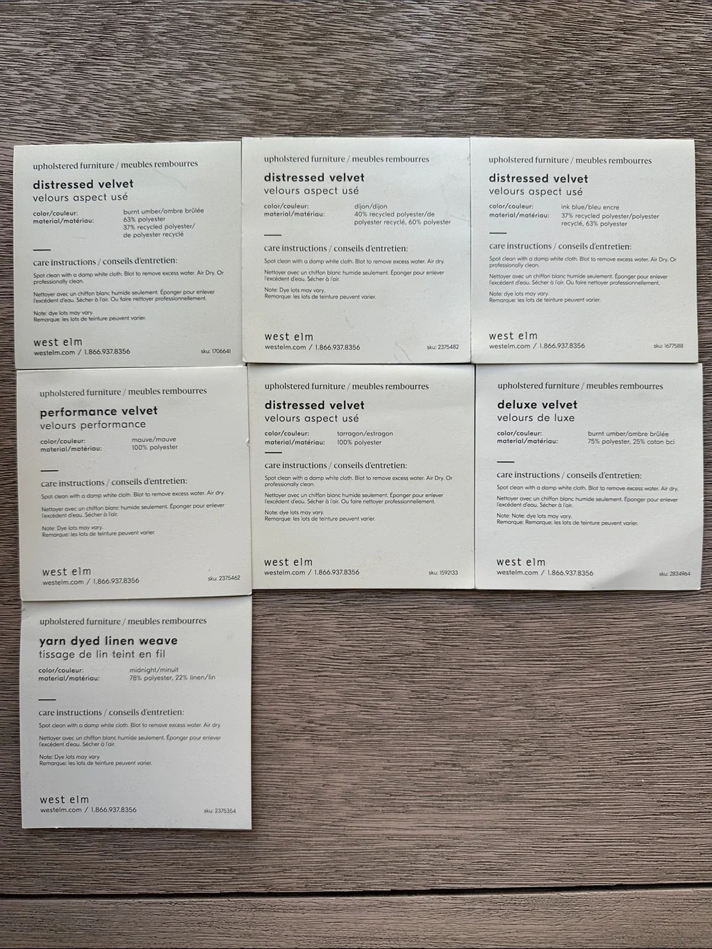 West Elm fabric swatch set — mustard, olive, navy, blush, rust, burnt orange